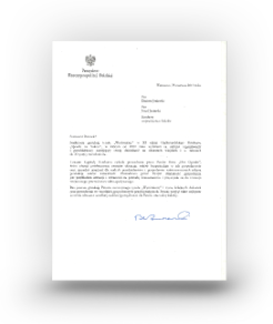 List Gratulacyjny Prezydenta Rzeczpospolitej Polskiej Bronisława Komorowskiego dla firmy Dar Ogrodu