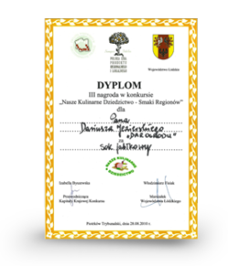 nagroda "Nasze kulinarne dziedzictwo - smaki regionów" dla firmy Dar Ogrodu